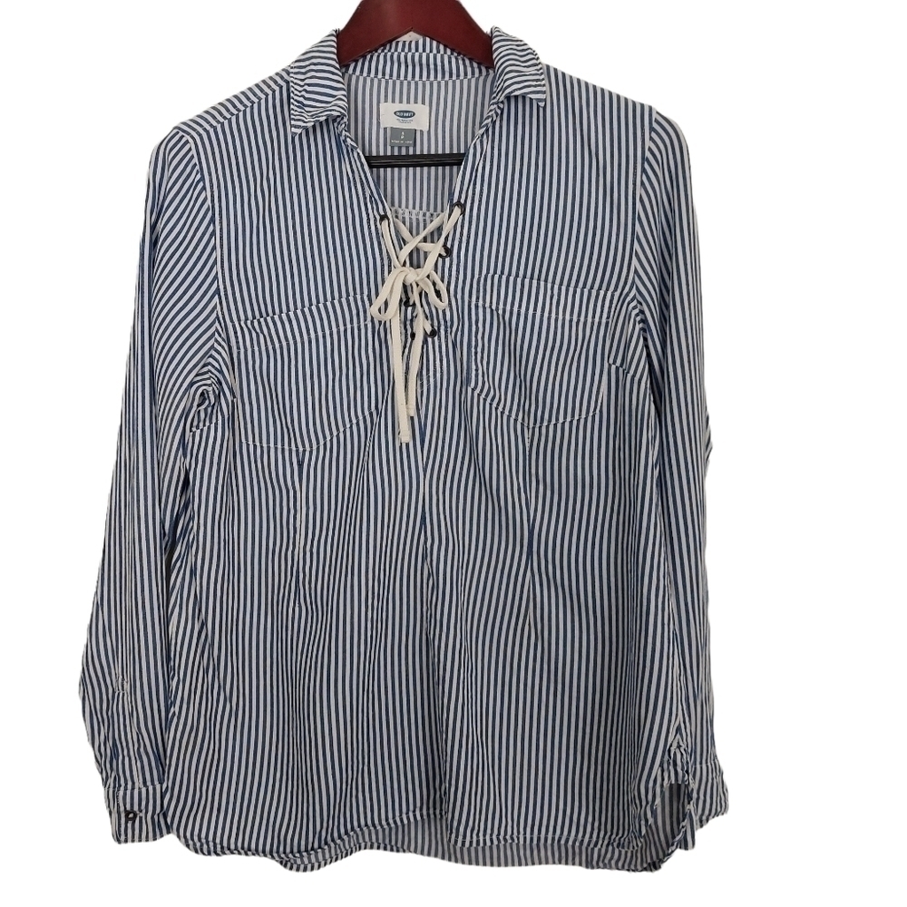 OLD‎ NAVY Long Sleeve Lace-Up Collared Blouse Top Size Small Blue Striped Shirt.